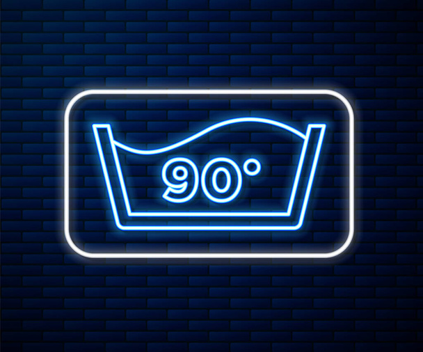 Glowing neon line Washing under 90 degrees celsius icon isolated on brick wall background. Temperature wash.  Vector. - Vector, Image