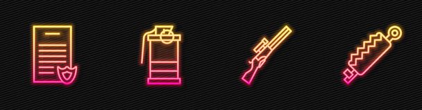 Set line Hunting gun, Firearms license certificate, Hand smoke grenade and Trap hunting. Glowing neon icon. Vector. - Vector, Image