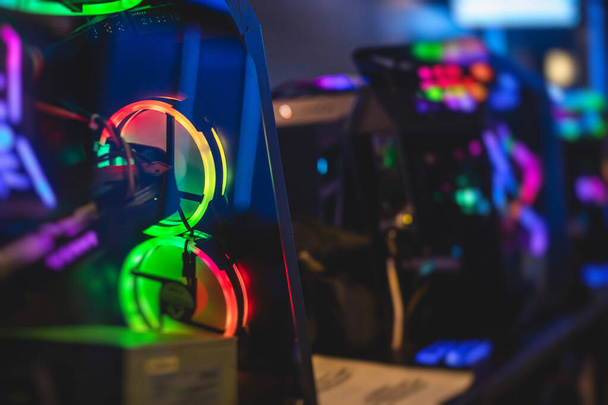 View of Gaming PC with rgb led lights, powerful high end personal computer, assembled with hardware components, at home or at the cybersport arena  - Foto, imagen