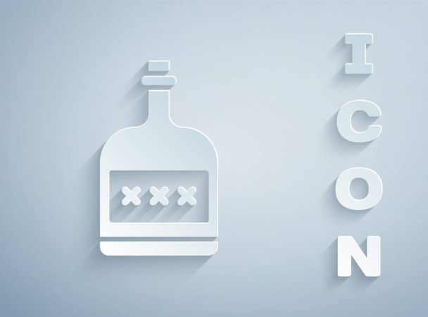 Papierschnitt Alkoholgetränk Rum Flasche Symbol isoliert auf grauem Hintergrund. Papierkunst. Vektorillustration. - Vektor, Bild
