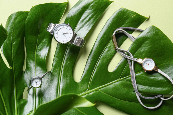 Composition with stylish wrist watches on green leaf - Photo, Image