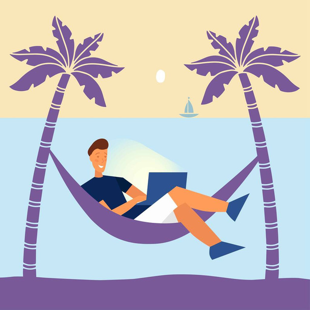 Enjoy work from home and outdoor, dream work, tropical vacation with a laptop. Always in touch. Man in a hammock on the beach. Flat style. Vector illustration. - Vector, Image