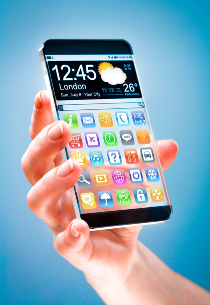 Смартфон с прозрачным экраном в руках человека
. - Фото, изображение
