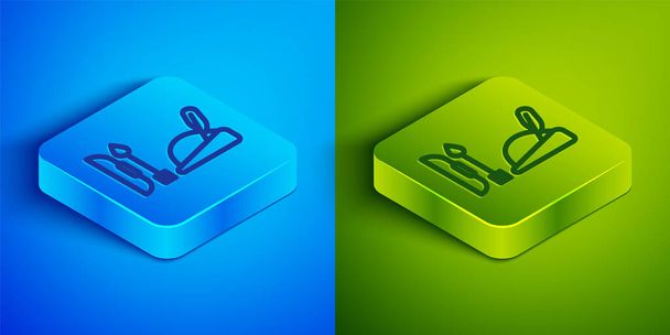Isometric line Robin hood hat with feather, bow and arrow icon isolated on blue and green background. Square button. Vector. - Vector, Image