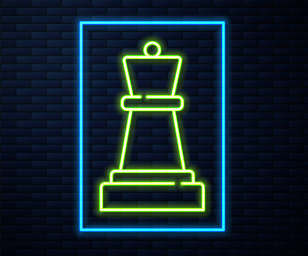 Linea fluorescente icona degli scacchi isolato su sfondo muro di mattoni. Strategia aziendale. Gioco, gestione, finanza. Vettore. - Vettoriali, immagini