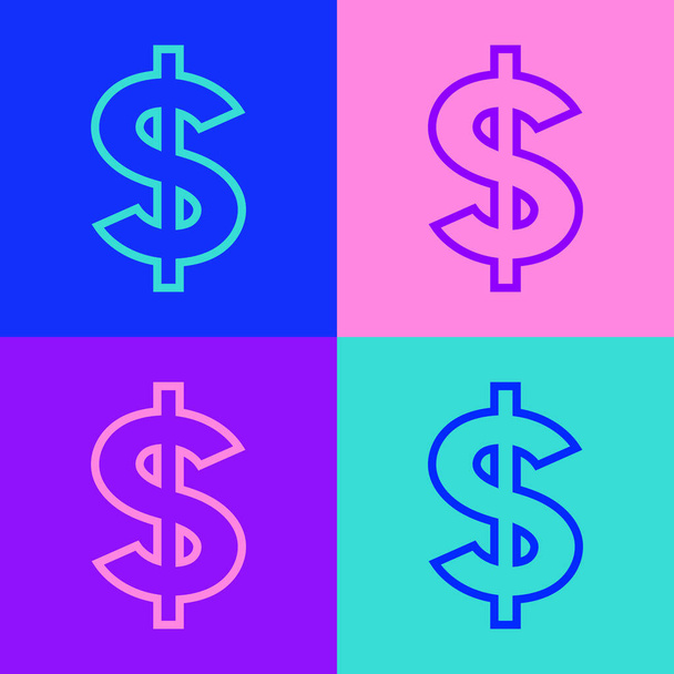 Pop art line Dollar symbool pictogram geïsoleerd op kleur achtergrond. Geld en geld, rijkdom, betaalsymbool. Casino gokken. Vector. - Vector, afbeelding