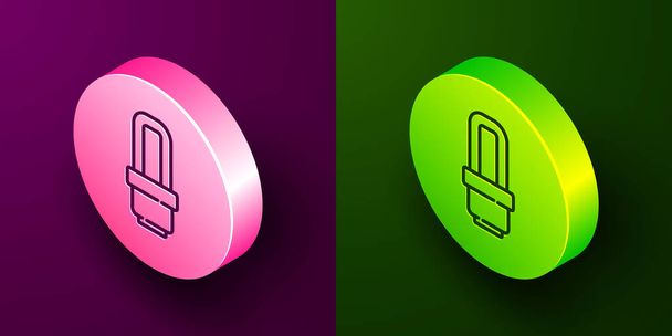 Izometrická čára LED žárovka ikona izolované na fialovém a zeleném pozadí. Ekonomická LED žárovka. Šetři si energii. Kruhové tlačítko. Vektor. - Vektor, obrázek