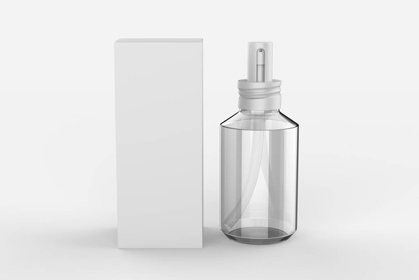 Στιγμιαίο αντισηπτικό σπρέι ομίχλης. μπουκάλι με κουτί απομονώνονται σε λευκό φόντο, στούντιο πυροβόλησε. 3D εικονογράφηση - Φωτογραφία, εικόνα