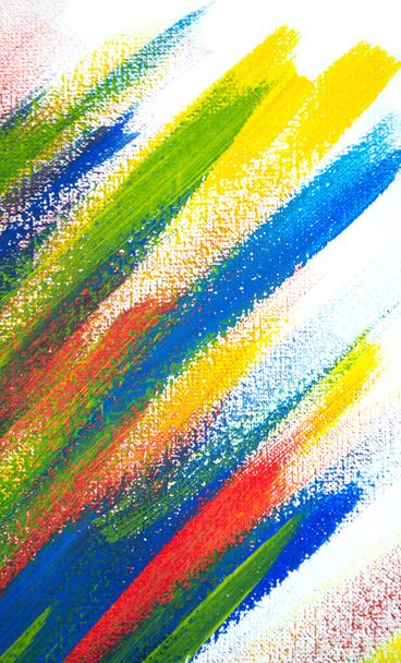 Contexto de diferentes traços de tinta vermelha, amarela, verde e azul com pincel sobre fundo branco close-up. Fundo colorido brilhante de linhas de escova. Misturando faixas de cor de tinta em tela branca - Foto, Imagem