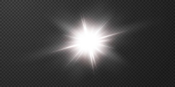 Stelle luminose isolate su uno sfondo bianco trasparente. Effetti, abbagliamento, radiosità, esplosione, luce bianca, set. Lo splendore delle stelle, il bagliore del sole. Illustrazione vettoriale. - Vettoriali, immagini