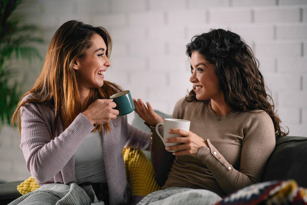 Mejores amigas divirtiéndose mientras beben té en el sofá - Foto, Imagen