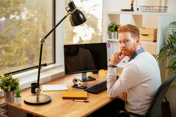 Podnikatel se zrzavými vlasy pracující v kanceláři na svém pracovišti - Fotografie, Obrázek
