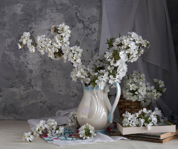 Cherry blossoms in white vase on gray background. Springtime still life. - Photo, Image