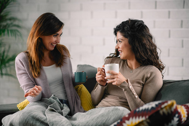 Female best friends having fun while drinking tea on the sofa - Photo, Image