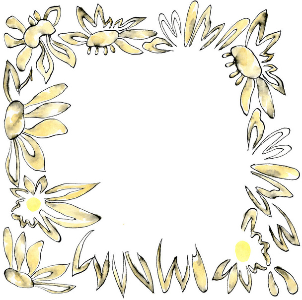 Decorative round frame with daisies, watercolor illustration in sketch style. Romantic, abstract floral border with copyspace, isolated on white background. Festive invitation, valentine card watercolor design element. - Foto, Imagem