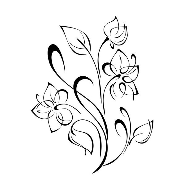 bouquet of three stylized flowers on stems with leaves and curls in black lines on a white background - Вектор, зображення