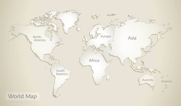 Mappa dei continenti mondiali, divisione amministrativa con nomi, vecchio vettore di sfondo cartaceo - Vettoriali, immagini