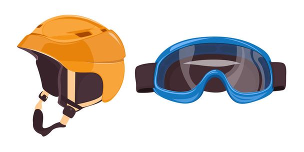 Equipamiento deportivo para casco y gafas de esquí. Iconos de equipos de snowboard. Deportes extremos de invierno. Un conjunto de equipos para deportes de invierno sobre fondo blanco - Foto, Imagen