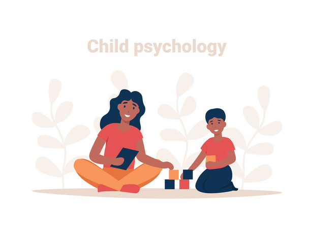 Psychotherapy session. Consulting psychology concept. Woman psychologist and child patient, society psychiatry flat vector illustration. - Vector, Image