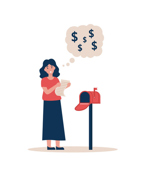Een vrouw met een cheque staat bij een postbus. Meisje met een grote brief voor hoge rekeningen. Vlakke vector cartoon moderne illustratie. - Vector, afbeelding