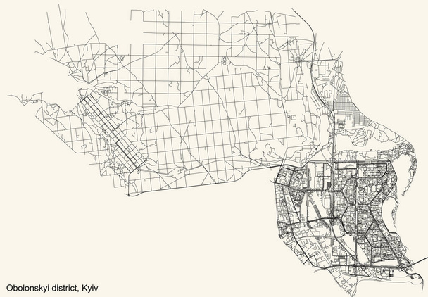 Карта дорог черного цвета на старинном бежевом фоне Оболонского района Киева / Киев, Украина - Вектор,изображение