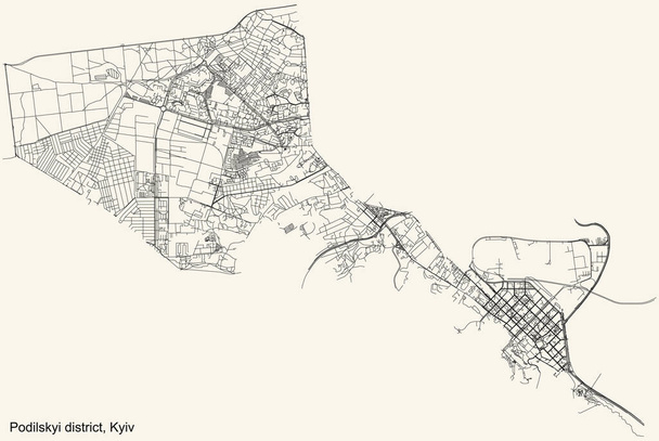 Černá jednoduchá podrobná mapa ulic na vinobraní béžové pozadí okolí Podilskyi okres Kyjev / Kyjev, Ukrajina - Vektor, obrázek