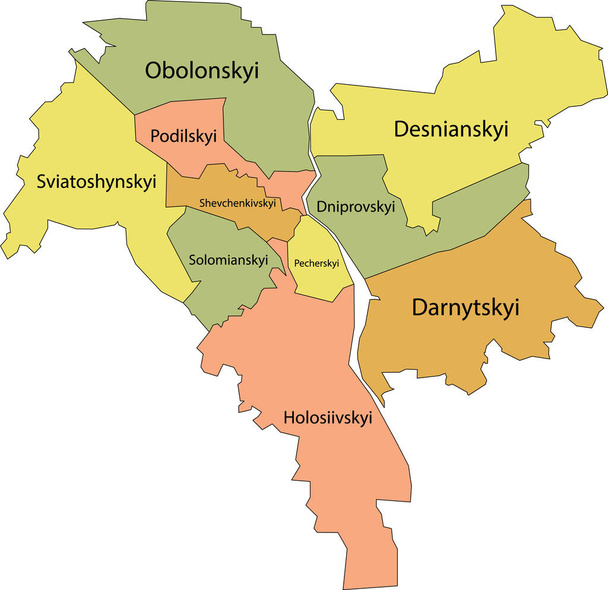 Простая векторная пастельная карта с черными границами и названиями районов Киева / Киев, Украина - Вектор,изображение