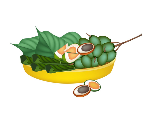 Nueces maduras de Areca y hojas de betel en bandeja de oro
 - Vector, imagen