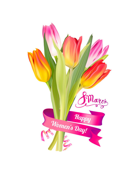 Március 8. Boldog nők napját. Vektorkártya tulipánnal - Vektor, kép