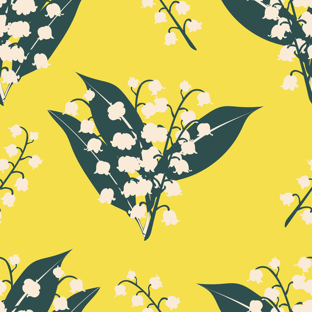 Бесшовный весенний узор с лилиями долины на желтом фоне. Шаблон для печати на бумаге, текстиле, постельном белье, подушках, оберточной бумаге.  - Фото, изображение