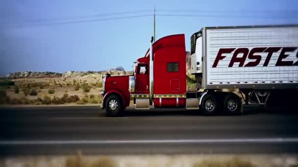 3D renderizó la visualización del camión 3D de entrega más rápida con remolque en carretera sobre fondo de campo. Relación y aspecto cinematográfico. Bueno para antecedentes de sitios web u otras aplicaciones como presentaciones, etc. Animación 3D. - Metraje, vídeo