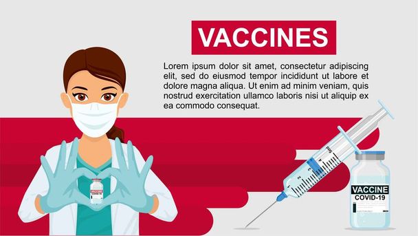 A woman doctor in a mask shows her heart with her hands and holds a vaccine against coronavirus. Suitable banner, flyer. Vaccination of people. Coronavirus Covid-19 concept. - Vector, Image