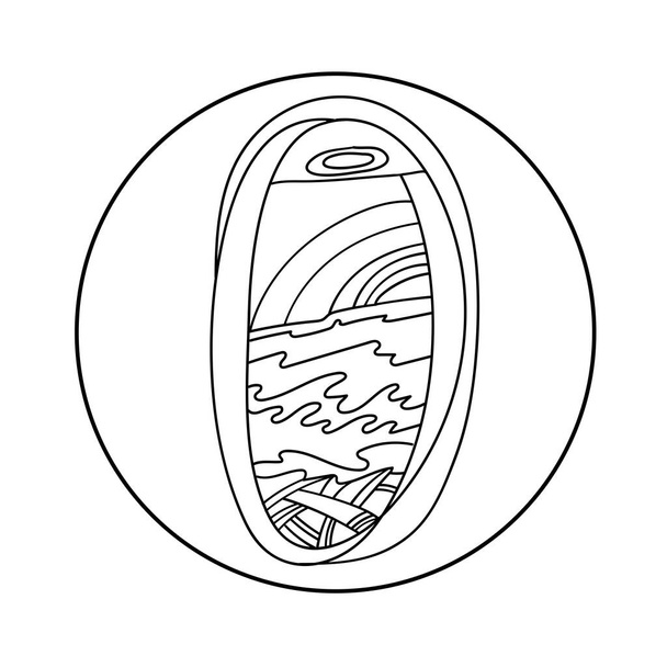 Isolado vetor preto e branco ilustração da janela do avião de passageiros com vista para o mar e pôr do sol - Vetor, Imagem