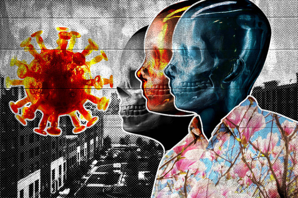 Абстрактный цифровой фотоколлаж черепов и гуманоидного киборга с коронавирусом 3D иллюстрацией - Фото, изображение