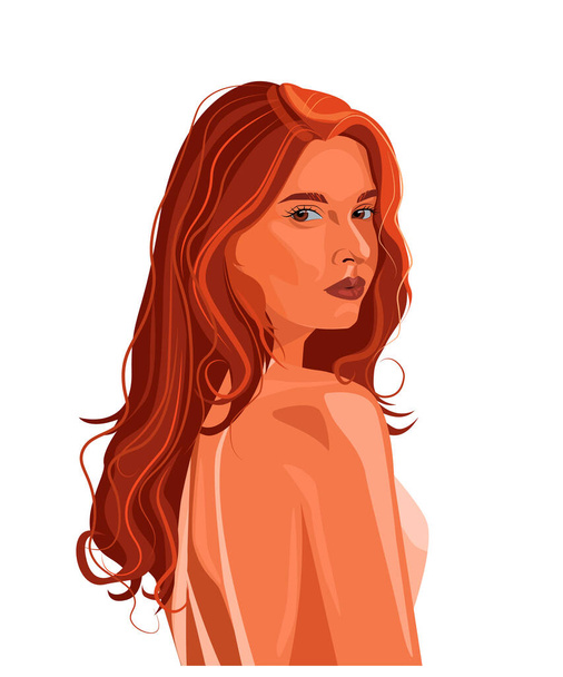Vektorporträt eines rothaarigen Mädchens auf weißem Hintergrund. Mädchen mit Rothaarigen. Nettes Mädchen mit langen Haaren. Modeillustration. - Vektor, Bild