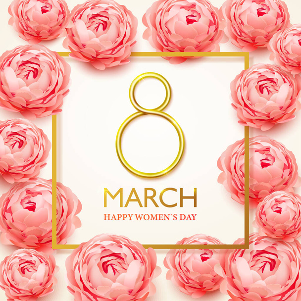 8 march. Happy Womens Day greeting card with realistic pink peonies flowers. Postcard on March 8. Vector illustration - Vector, Imagen