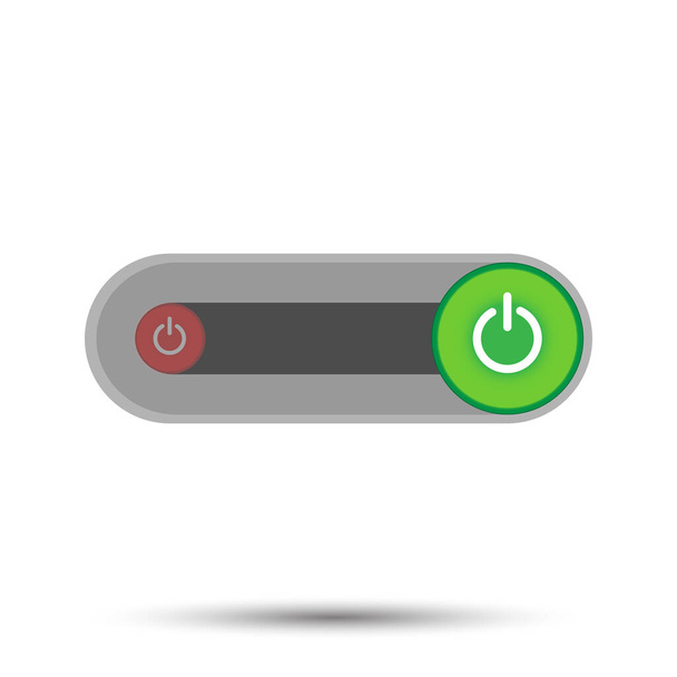 Zapnout vypínač - tlačítko ve stylu jezdce kulaté na šedém pozadí, tlačítko on-off jsou uzavřeny zeleně v černém kruhu v bílém pozadí - Fotografie, Obrázek