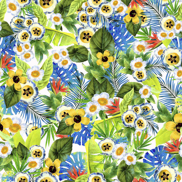 patrón tropical con plantas coloridas, hojas y flores - Foto, Imagen