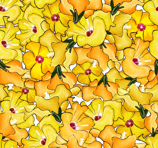 tropisch patroon gemaakt met gele hibiscus hand getekend  - Foto, afbeelding