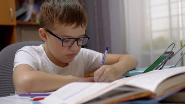 Schuljunge mit Brille schreibt mit Stift in Notizbuch, schaut, spricht mit Smartphone - Filmmaterial, Video