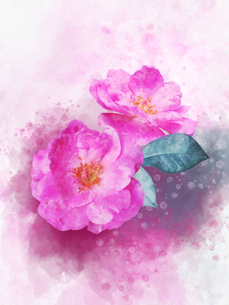 Ένα σχέδιο ακουαρέλας ενός ζωηρού ροζ τριαντάφυλλου. Βοτανική τέχνη. Διακοσμητικό στοιχείο για ευχετήρια κάρτα ή πρόσκληση γάμου - Φωτογραφία, εικόνα