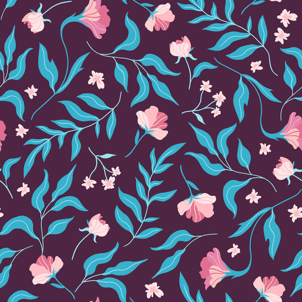Seamless pattern with cute flat flowers and leaves on dark background in trendy flat minimalism style. Hand drawn vector. Texture for print, fabric, textile, wallpaper. - Vector, Imagen