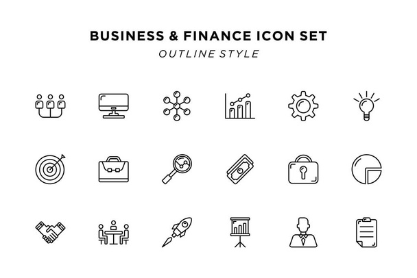 Set di business e finanza icona. illustrazione vettoriale raccolta segni di contorno. - Vettoriali, immagini