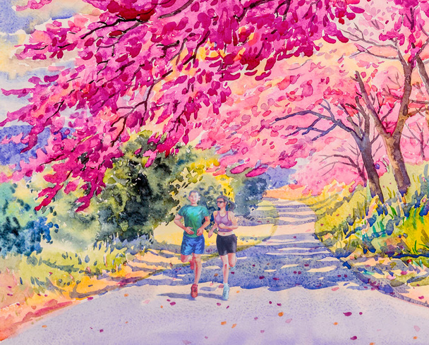 Мужчина и женщина бегают утром. Акварельный пейзаж оригинальная картина розовый цвет диких гималайских вишневый цветок и эмоции в туннеле деревьев фона. Ручное задыхание - Фото, изображение