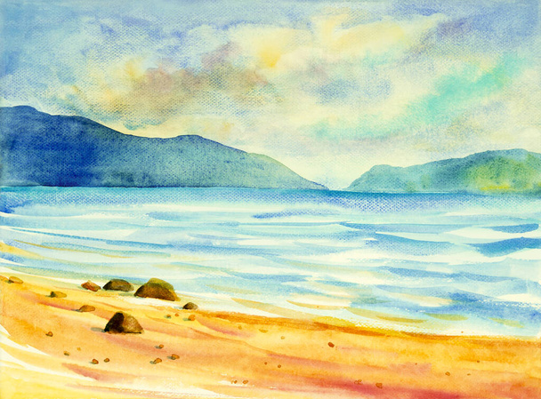 Aquarel zeegezicht origineel schilderij kleurrijk van uitzicht op zee, strand en de hemel wolk in de ochtend helder. Hand geschilderde illustratie schoonheid natuur - Foto, afbeelding