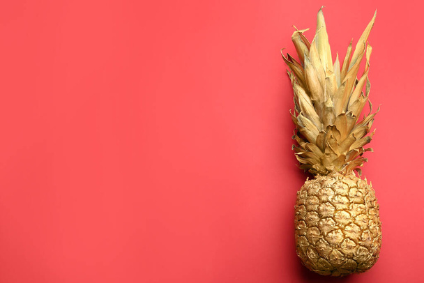 Golden pineapple on red background, top view with space for text. Creative concept - Фото, изображение