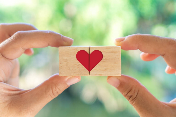 Hand hold wooden cube with heart sign icon on and copy space nature sunlight you can put text on background. Valentine love season concept. - Photo, Image