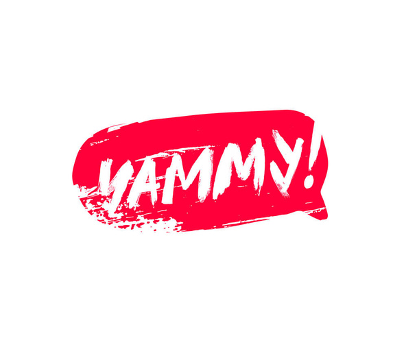The inscription Yammy, hand-drawn in a red bubble. Trendy brush lettering. Vector illustration isolated on white background. Delicious food design concept. - Vector, Image
