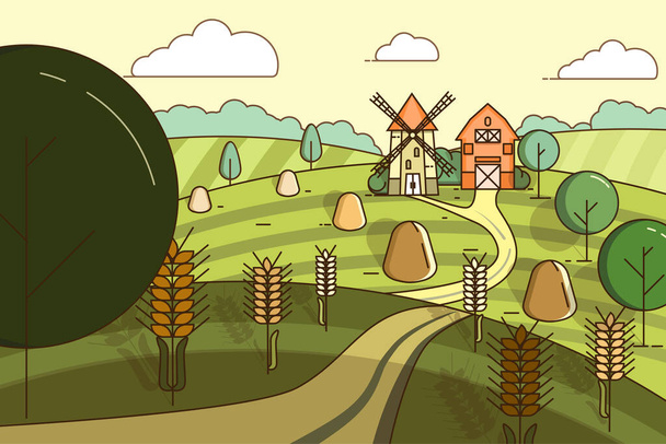 Paisagem com um moinho e um celeiro no meio de campos com trigo. Ilustração vetorial - Vetor, Imagem