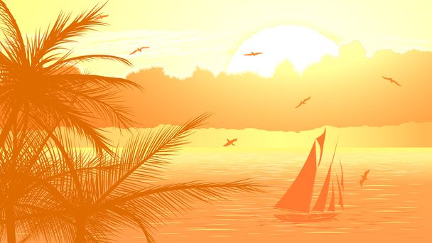 Sailboat against yellow sunset. - Vector, Image
